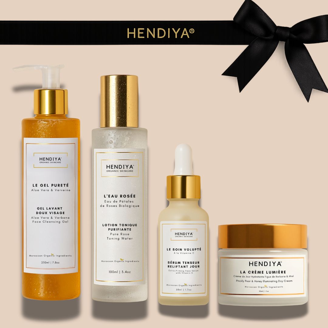 Hendiya® organic skincare routine: cleanser, toner, serum and moisturizer