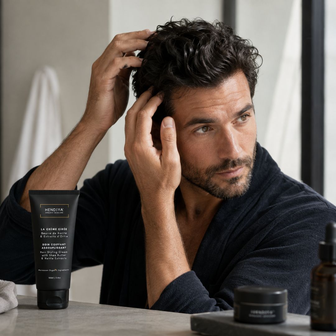 Application de La Crème Cirée Hendiya sur les cheveux, crème coiffante au beurre de karité pour styliser et discipliner la matière.