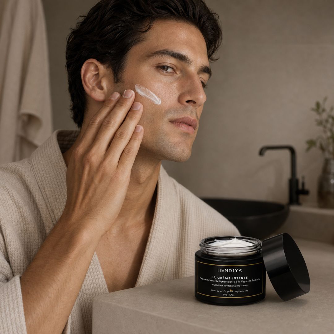 Application de La Crème Intense Hendiya sur le visage d'un homme, texture fondante à la figue de barbarie et à l'argan qui pénètre rapidement pour une peau hydratée et dynamisée au quotidien.