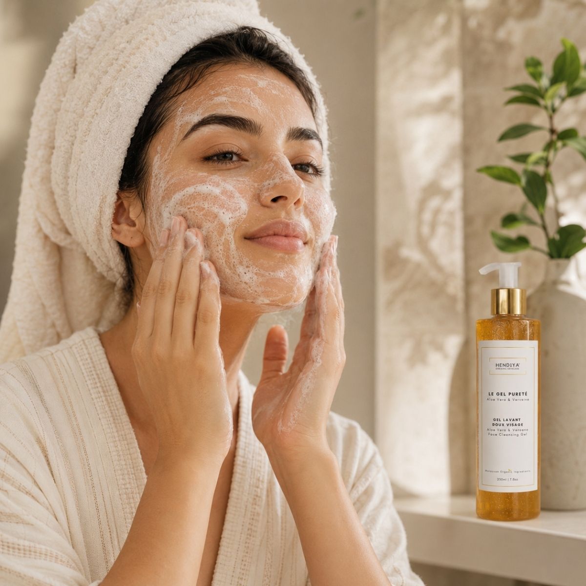 Application du Gel Pureté Hendiya®, gel lavant doux bio pour le visage