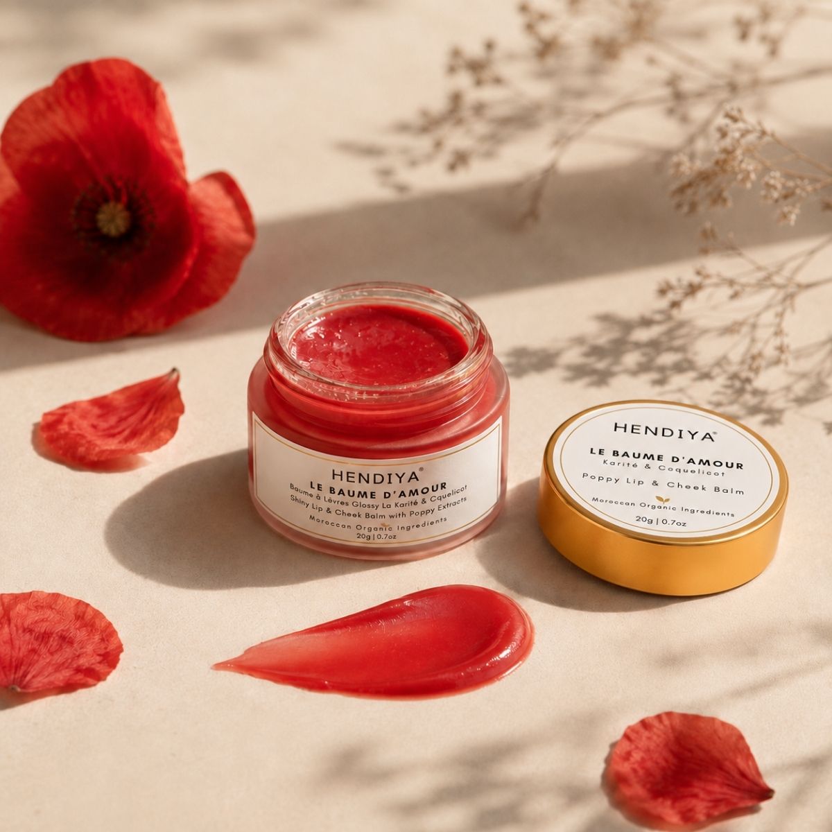 Baume d'Amour Hendiya, baume à lèvres et joues bio teinté au coquelicot et à l'Akkar Fassi