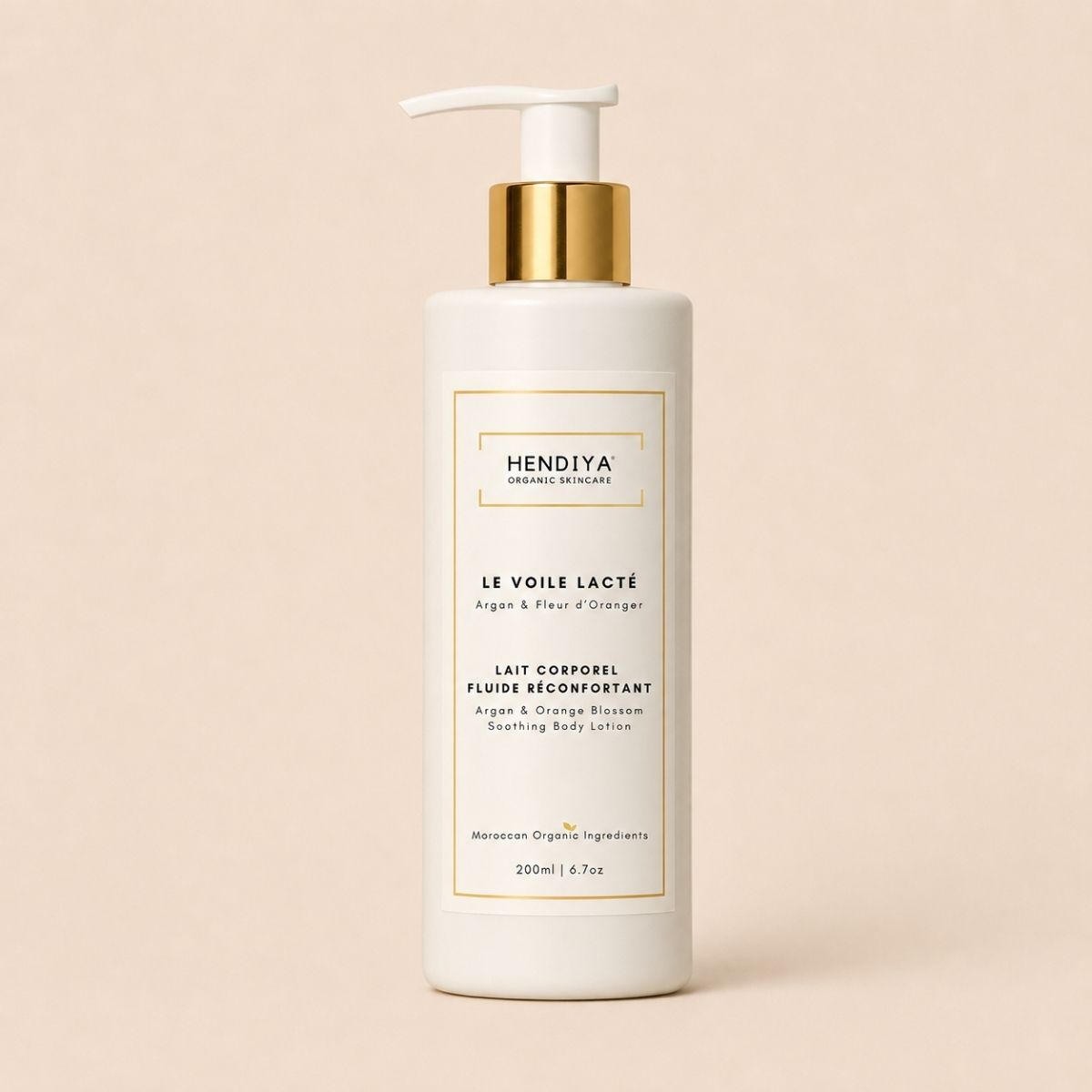 Bouteille du Voile Lacté Hendiya®, lait corporel bio réconfortant argan et fleur d'oranger