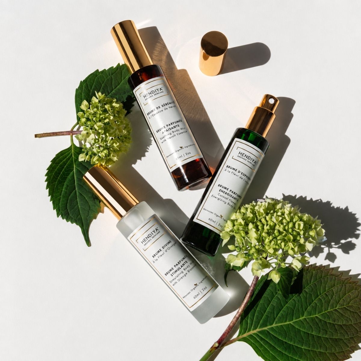 Gamme de brumes corporelles naturelles Hendiya®, fleur de cactus, fleur d'oranger et néroli