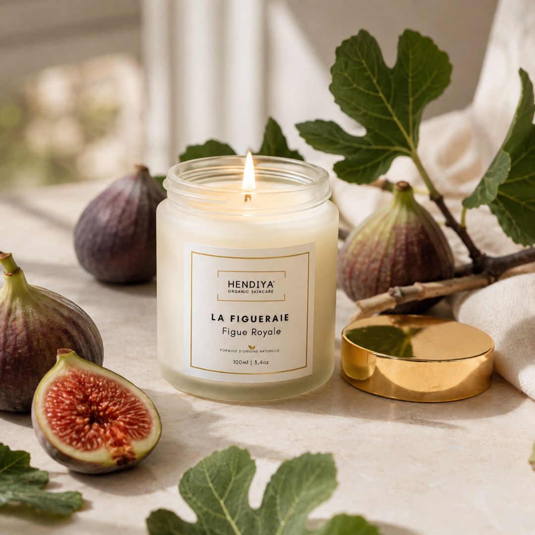 Bougie parfumée en cire de soja végétale Hendiya, senteur Figue Royale, présentée avec des figues fraîches coupées et des feuilles vertes sur une surface en marbre.