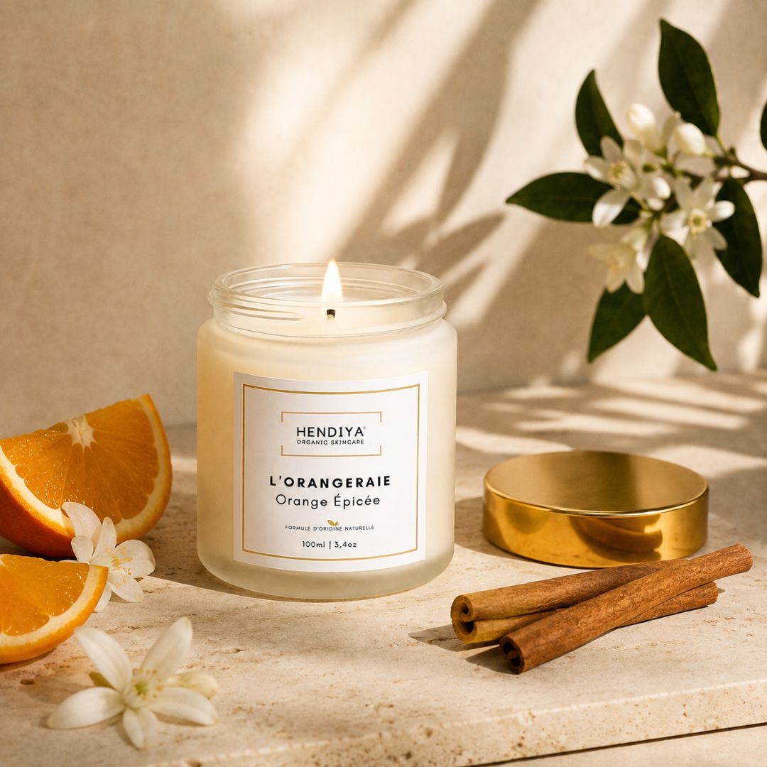 Bougie Végétale l'Orangeraie Hendiya en cire de soja végétale, présentée en composition avec une demi-orange, des bâtons de cannelle et des fleurs blanches de fleur d'oranger sur une surface en pierre, illustrant la note olfactive orange épicée aux écorces de cannelier.