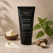 Ingrédients naturels de La Crème Cirée Hendiya : beurre de karité, huile d'avocat, panthénol et extrait d'ortie, actifs nourrissants pour la fibre capillaire.