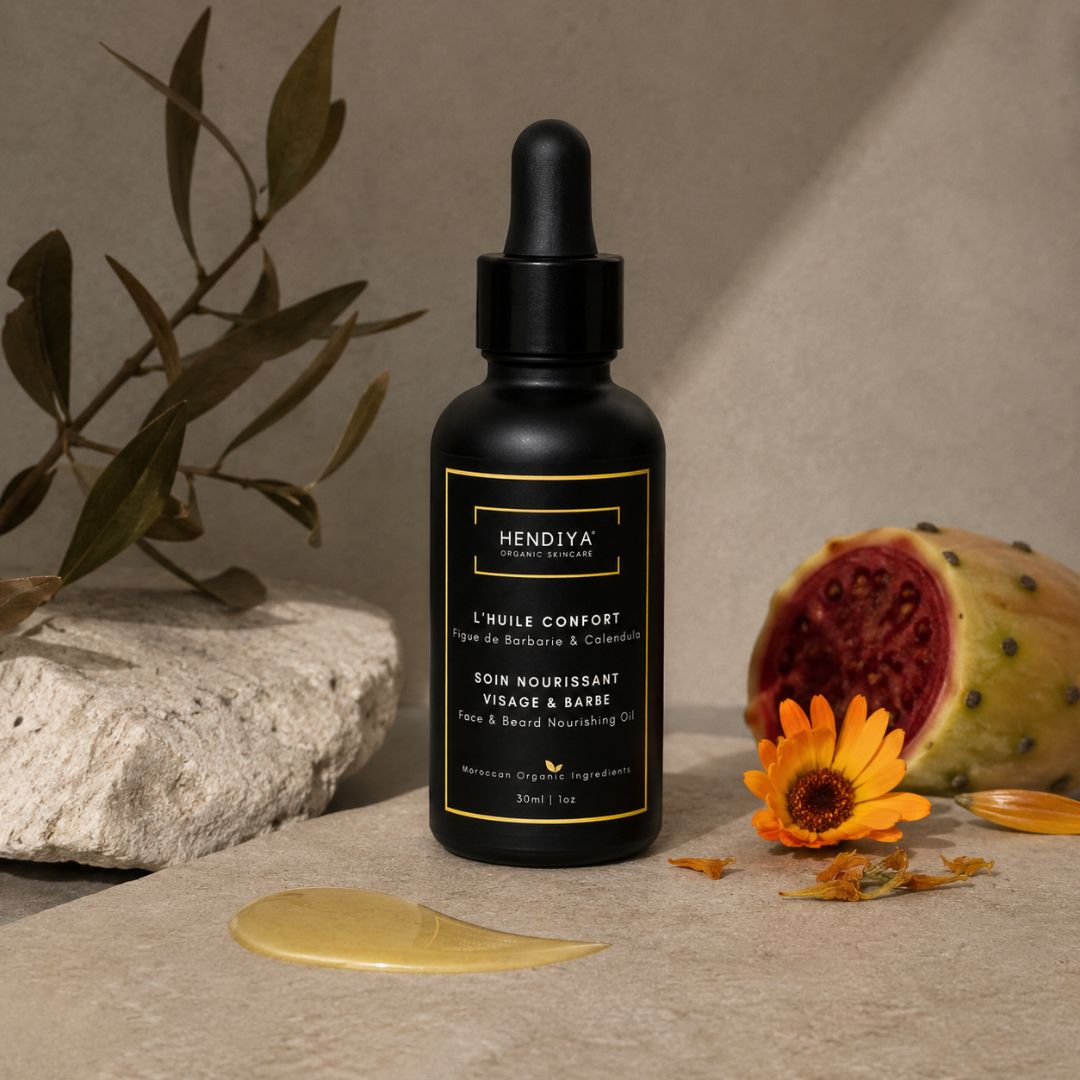 Composition naturelle de L'Huile Confort Hendiya : huile de pépins de figue de barbarie, calendula, ricin, argan et jojoba, ingrédients du soin visage et barbe pour homme.