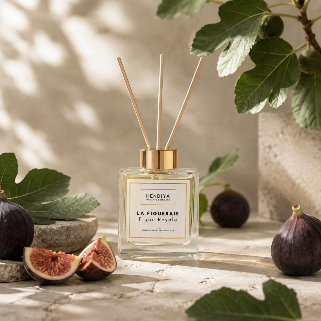 Diffuseur d'ambiance à bâtonnets de rotin La Figueraie, senteur figue royale, flacon 100ml posé avec des figues fraîches coupées et des feuilles de figuier sur une surface en pierre