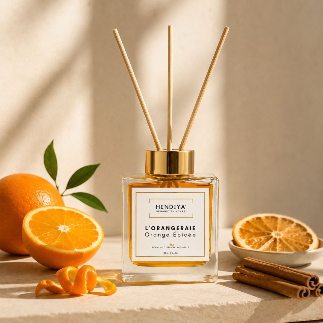 Flacon diffuseur Parfum d'Ambiance l'Orangeraie 100ml Hendiya, senteur orange épicée et écorces de cannelier, avec ses tiges de rotin, posé à côté d'une orange fraîche, de tranches d'orange séchées et de bâtons de cannelle, sur une surface en pierre à la lumière chaude.