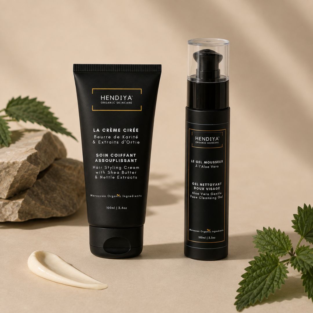 Duo de soins Hendiya pour homme : La Crème Cirée coiffante au karité et Le Gel Mousseux, routine capillaire naturelle complète.