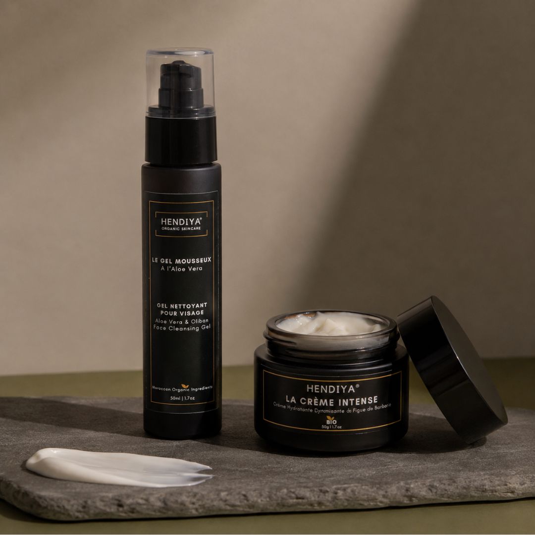 Duo skincare homme Hendiya : Le Gel Mousseux, nettoyant doux visage à l'aloe vera et à l'huile de pépins de figue de barbarie, associé à la Crème Intense pour une routine complète.