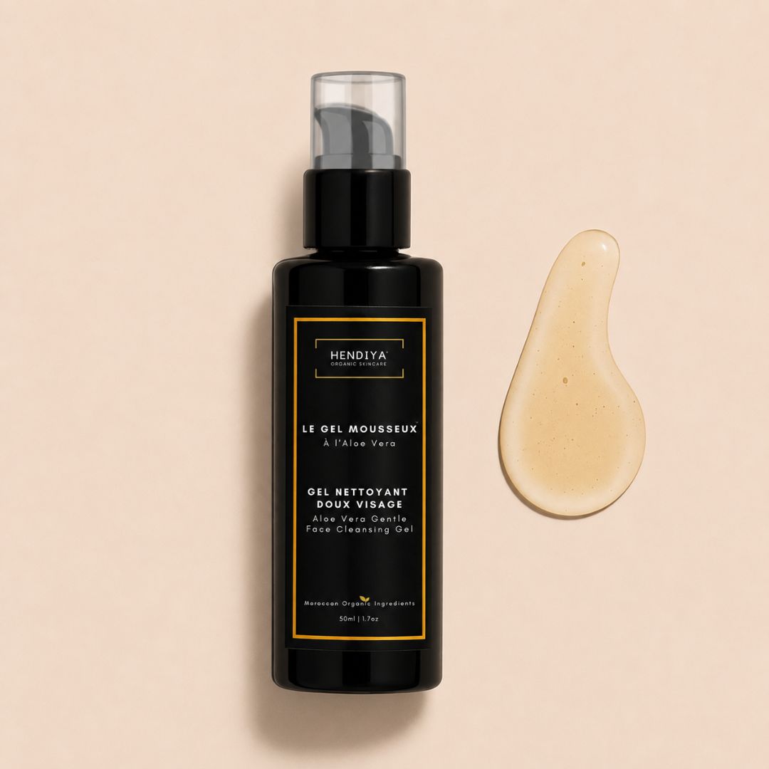 Flacon du Gel Mousseux Hendiya, nettoyant doux visage homme à l'aloe vera et à l'huile de pépins de figue de barbarie.