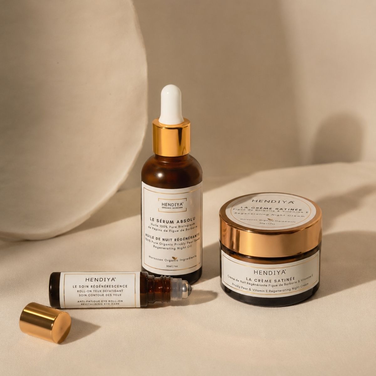 Rituel du soir Hendiya : Le Sérum Absolu huile de figue de barbarie, La Crème Satinée et Le Soin Régénérescence contour des yeux