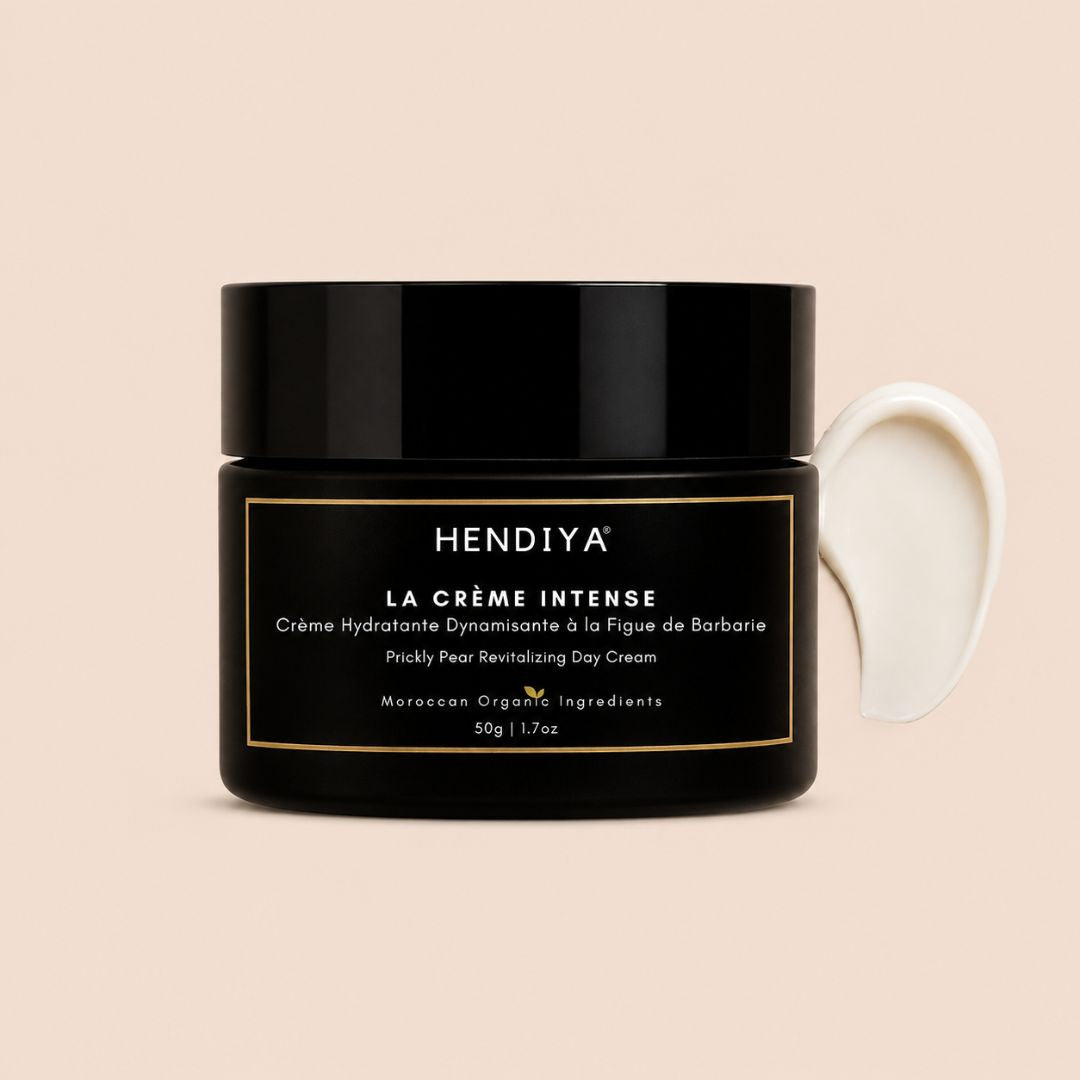Pot de La Crème Intense Hendiya, crème hydratante dynamisante pour homme au packaging premium marocain, formulée à l'huile de figue de barbarie et à l'huile d'argan pour le soin du visage masculin.
