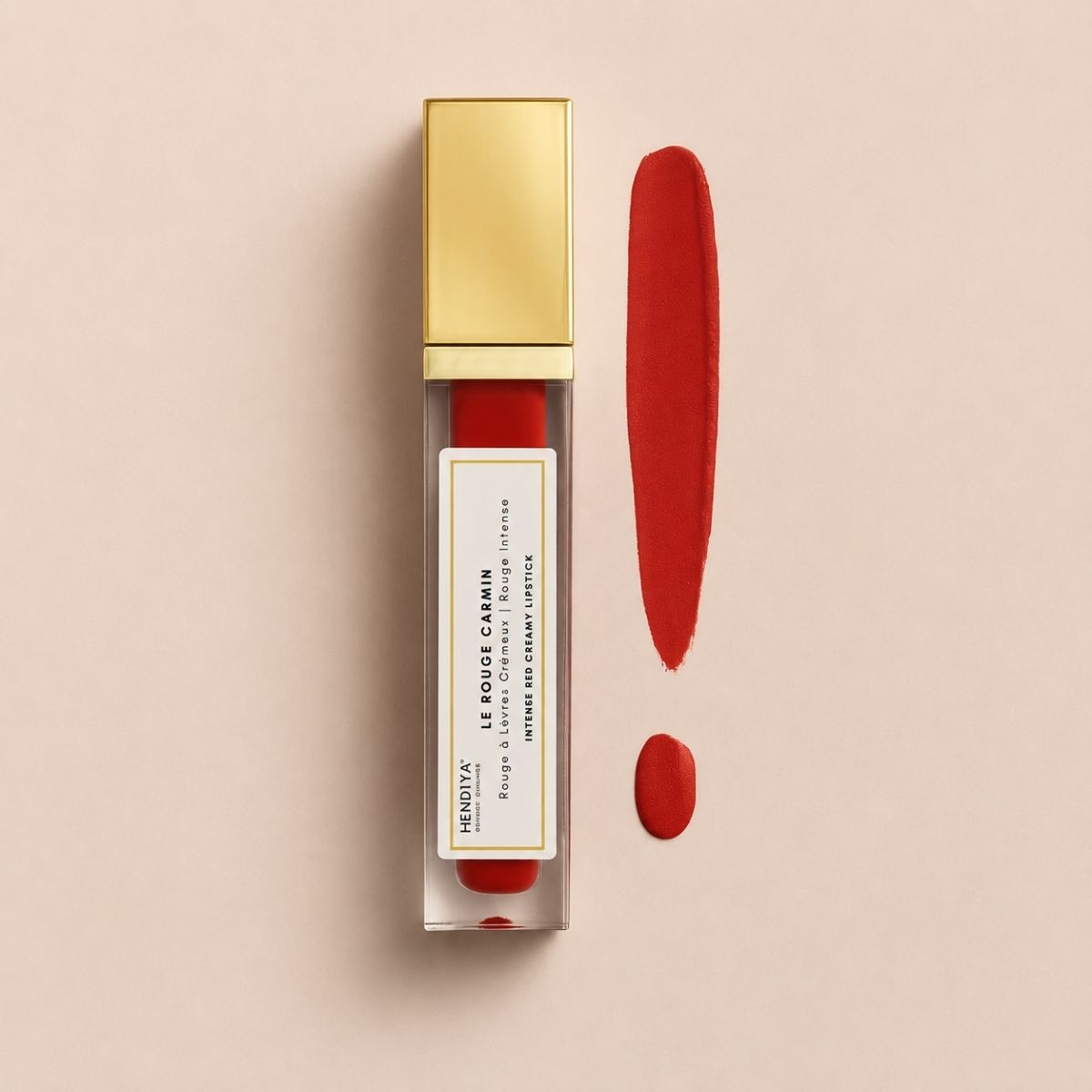 Rouge Carmin Hendiya avec échantillon de couleur, rouge à lèvres bio crémeux rouge intense