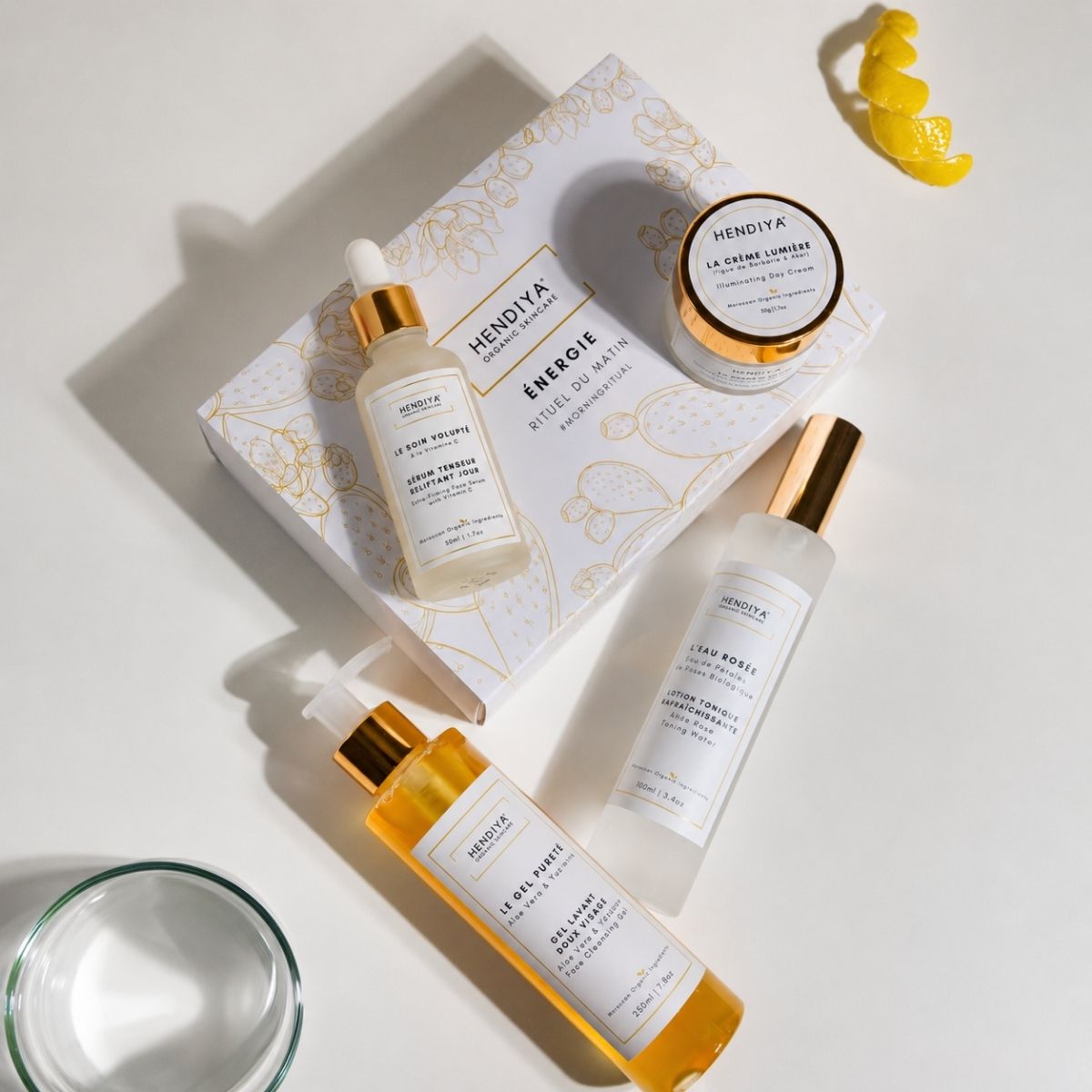 Coffret Énergie – Rituel du Matin Hendiya® bio : Le Gel Pureté, L'Eau Rosée, Le Soin Volupté et La Crème Lumière