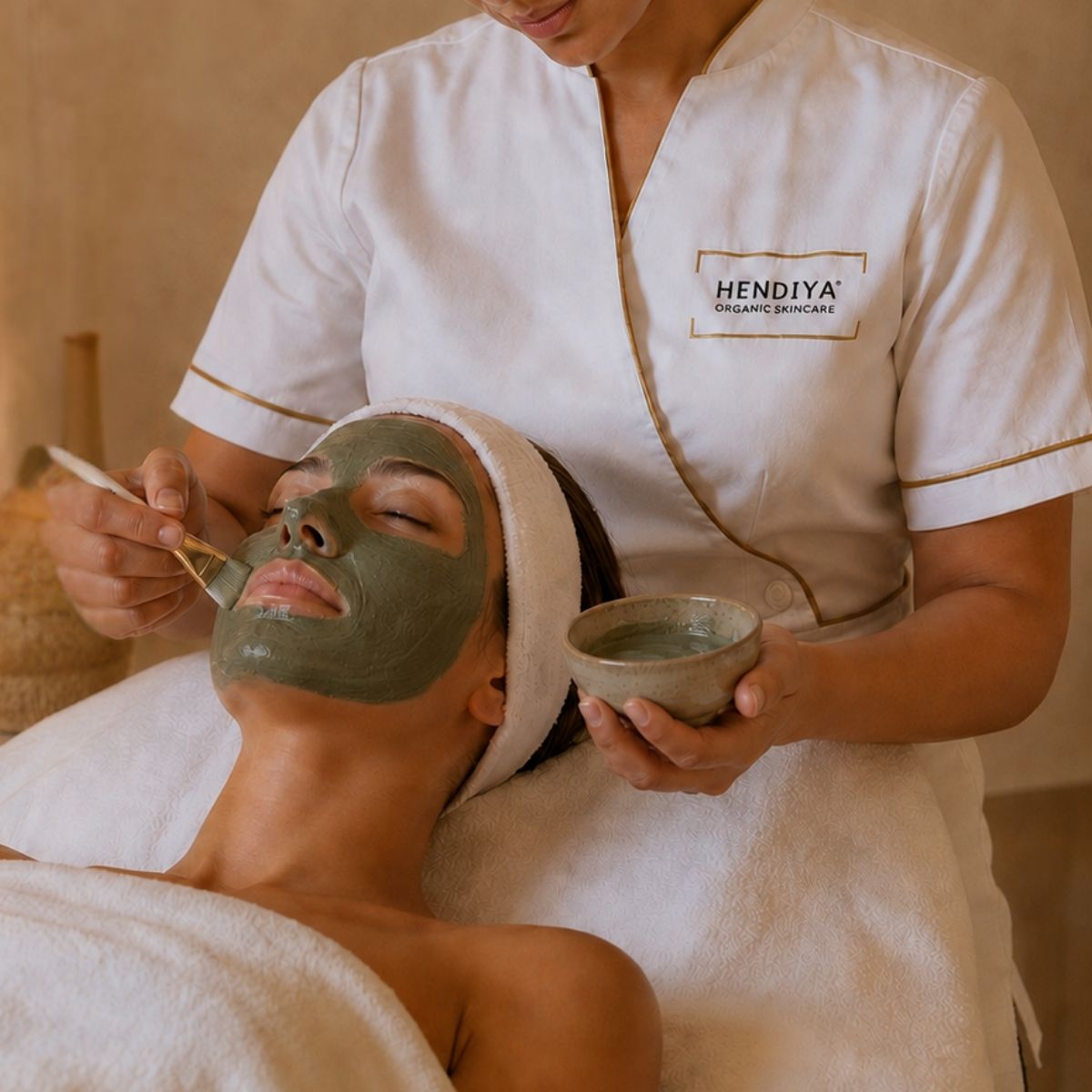 Applying the purifying mask during the Hendiya® Signature Treatment, deep cleansing and purification in-studio