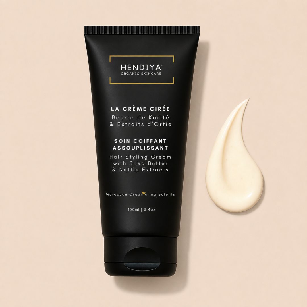 Tube de La Crème Cirée Hendiya, crème coiffante homme au beurre de karité et extrait d'ortie, packaging naturel pour cheveux et barbe.